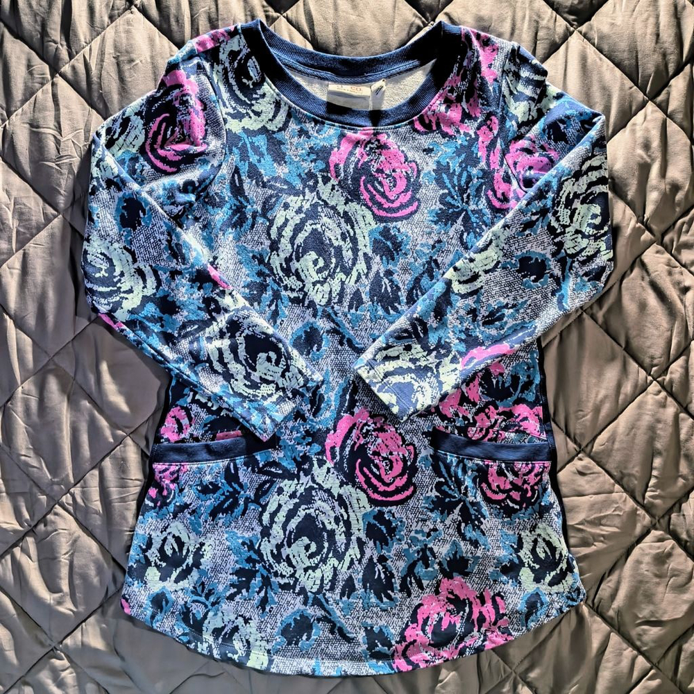 (XS) Women's Denim & Co Blue Floral Long Sleeve Top